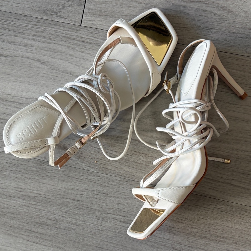 SCHUTZ off white and Gold Strappy Heels